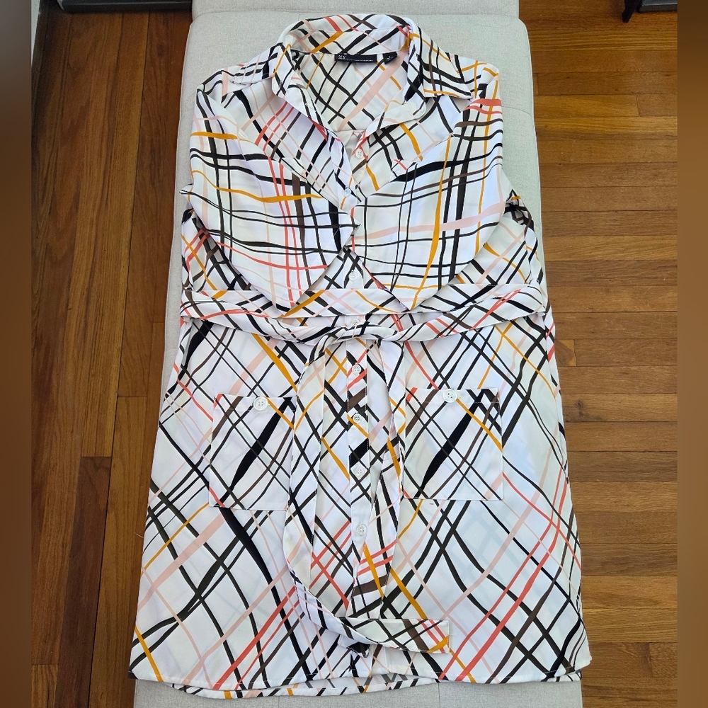 New York & Co White Plaid Button Front Shirt Dress Belted Small Petite EUC NY&Co - Picture 13 of 16